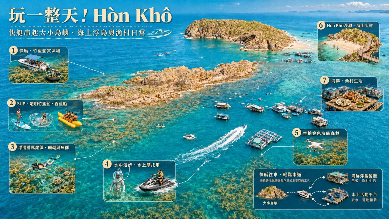 玩一整天！Hòn Khô 快艇串起大小島嶼、海上浮島與漁村日常，加碼綠藻礁秘境探幽