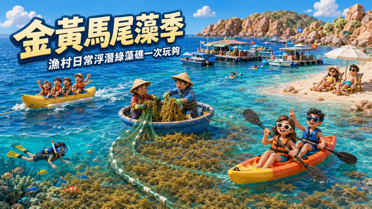玩一整天！Hòn Khô 快艇串起大小島嶼、海上浮島與漁村日常，加碼綠藻礁秘境探幽
