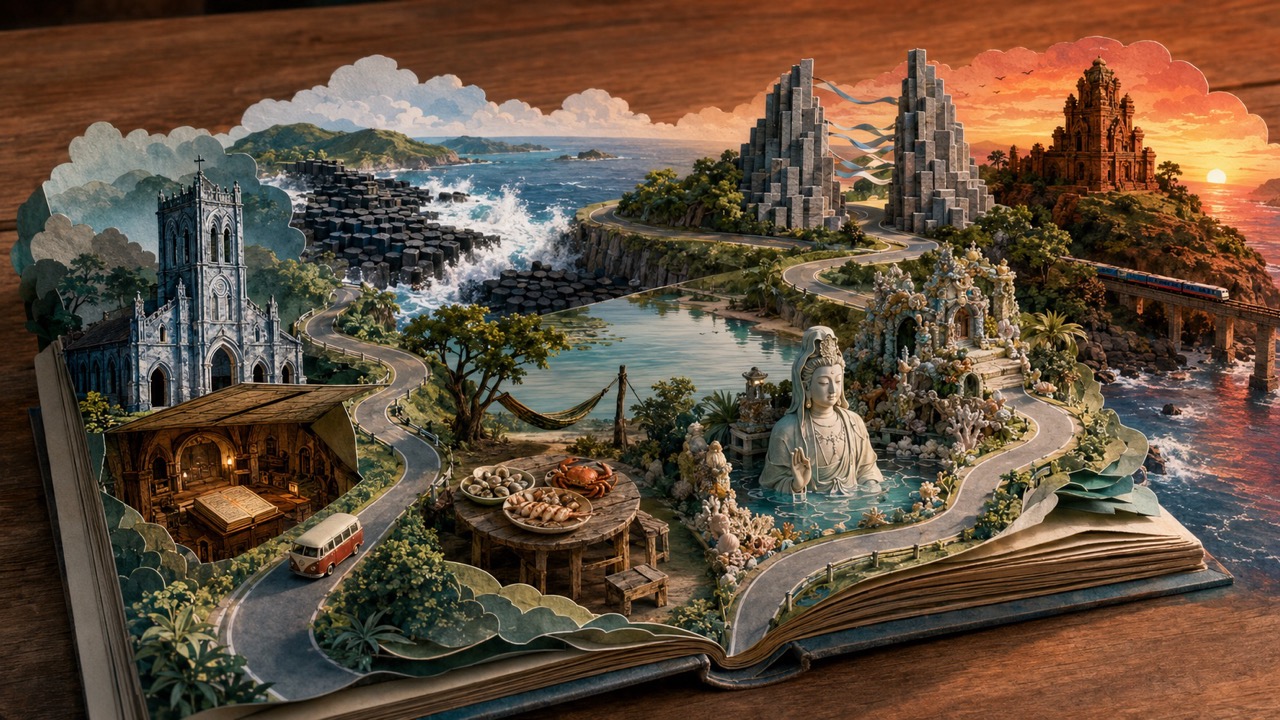 一圖讀旅|AI遊記插畫,讀完你的旅程也畫出它的感想與即席創作 - 第6張圖 讀完這篇富安公路旅行,最強烈的感受是「原本沒有期待,結果一路被驚喜說服」。
所以我將公路變成一本立體故事書:
復古小巴從左下角出發,代表清晨由歸仁啟程。
曼浪教堂下方翻開一層紙頁,露出珍藏越南文字起點的地下密室。
黑色六角玄武岩迎著白浪,呈現大碟石冷冽而強烈的反差。
Ô Loan潟湖被安排在旅程中央,海鮮桌與吊床正好成為午間休息。
珊瑚貝殼寺院與水中觀音,表現清涼寺帶來的超現實禪意。
海風穿過迎風塔雙塔之間,化成藍白紙帶。
旅程最後抵達夕陽下的雁塔,山腳列車也正好駛過,讓一天在火紅餘暉裡收尾。