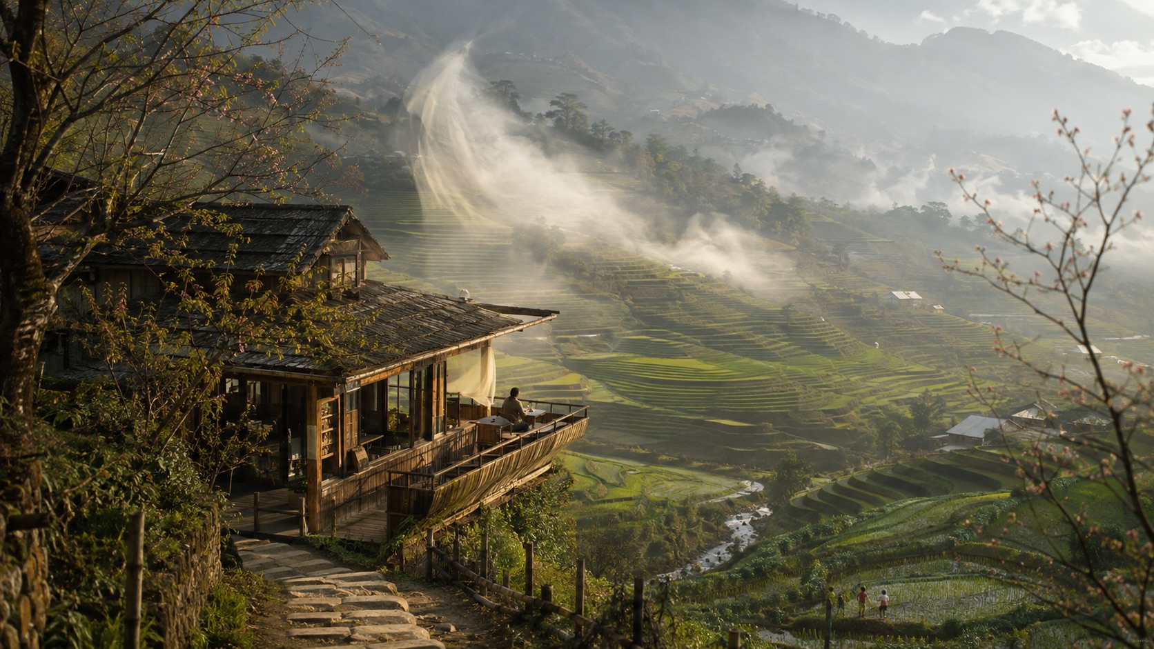 一圖讀旅|AI遊記插畫,讀完你的旅程也畫出它的感想與即席創作 - 第3張圖 讀完這篇文章後,心裡浮現的畫面。
我沒有把它做成一般的咖啡廳介紹照,而是把 Sailing Sapa 想成一艘「停泊在梯田裡的船」:
木造露臺像船首,朝向整片山谷。
梯田不是背景,而是緩慢流動的綠色海浪。
雲霧像一面沒有完全張開的帆。
窄陡階梯代表抵達前的那一小段路。
旅人、咖啡、遠處溪流與玩耍的孩子,都刻意縮小,因為文章真正的主角是那段讓時間慢下來的寧靜。
櫻花只有含苞點綴,沒有擅自讓它盛開。
我讀到的不是「這裡多好拍」,而是:
有些地方沒有安排你感動,只是風剛好吹來,你就忽然不想走了。