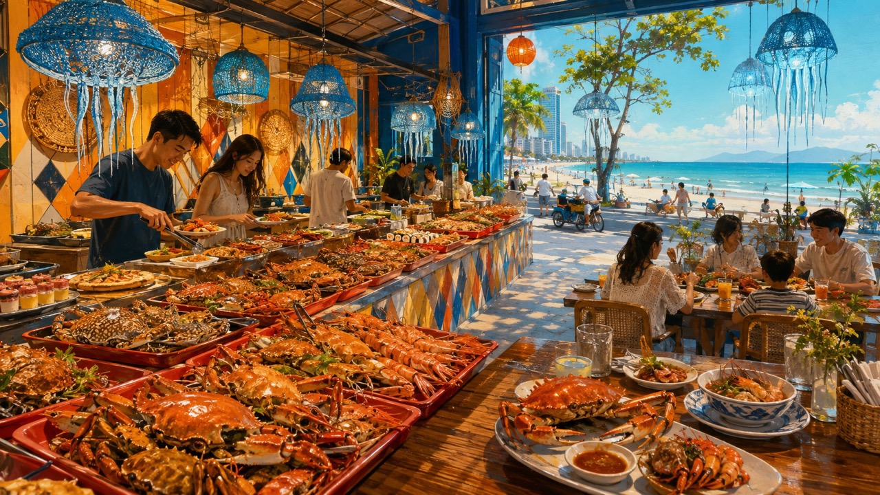 一圖讀旅|AI遊記插畫,讀完你的旅程也畫出它的感想與即席創作 - 第2張圖 讀完這篇文章,我想到的不是普通的海鮮拼盤,而是一間彷彿與美溪沙灘連在一起的餐廳。
紅色餐盤形成一道海鮮潮流,從室內一路延伸到海邊;藍色編織燈罩化成水母般的光影,呼應4SEAs的海洋裝潢。畫面以蟹、蟳和大蝦為主角,刻意沒有放入龍蝦,保留文章強調的餐廳特色。室內的暖橘色與戶外海水藍相連,也象徵吃完後走過馬路,就能到美溪沙灘吹風。